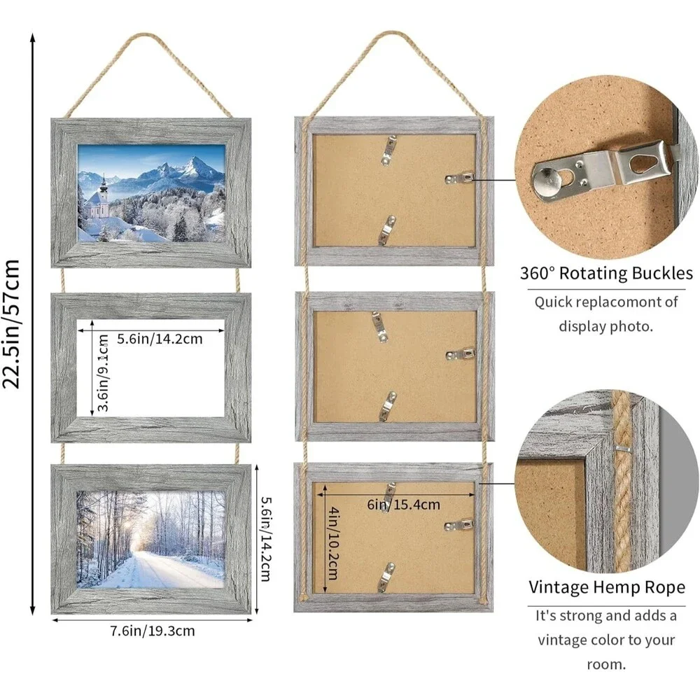 4x6 Collage Picture Frame 3 Opening Gray Wood Real Glass Horizontal Wall Decor